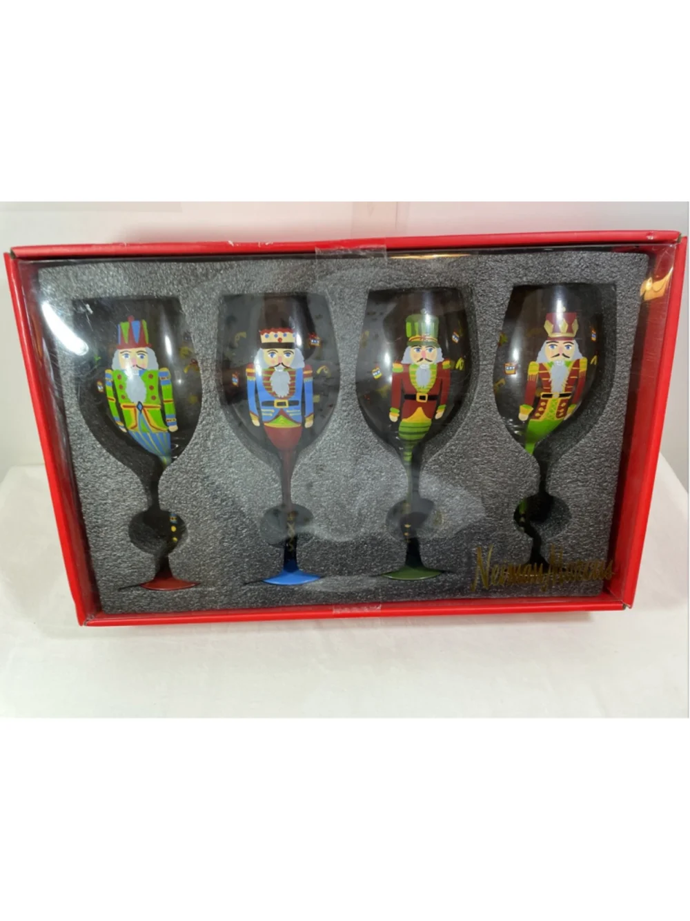 NIB Neiman Marcus Hand Painted Nutcracker Wine Glasses Set of 4 Christmas 9 inch
